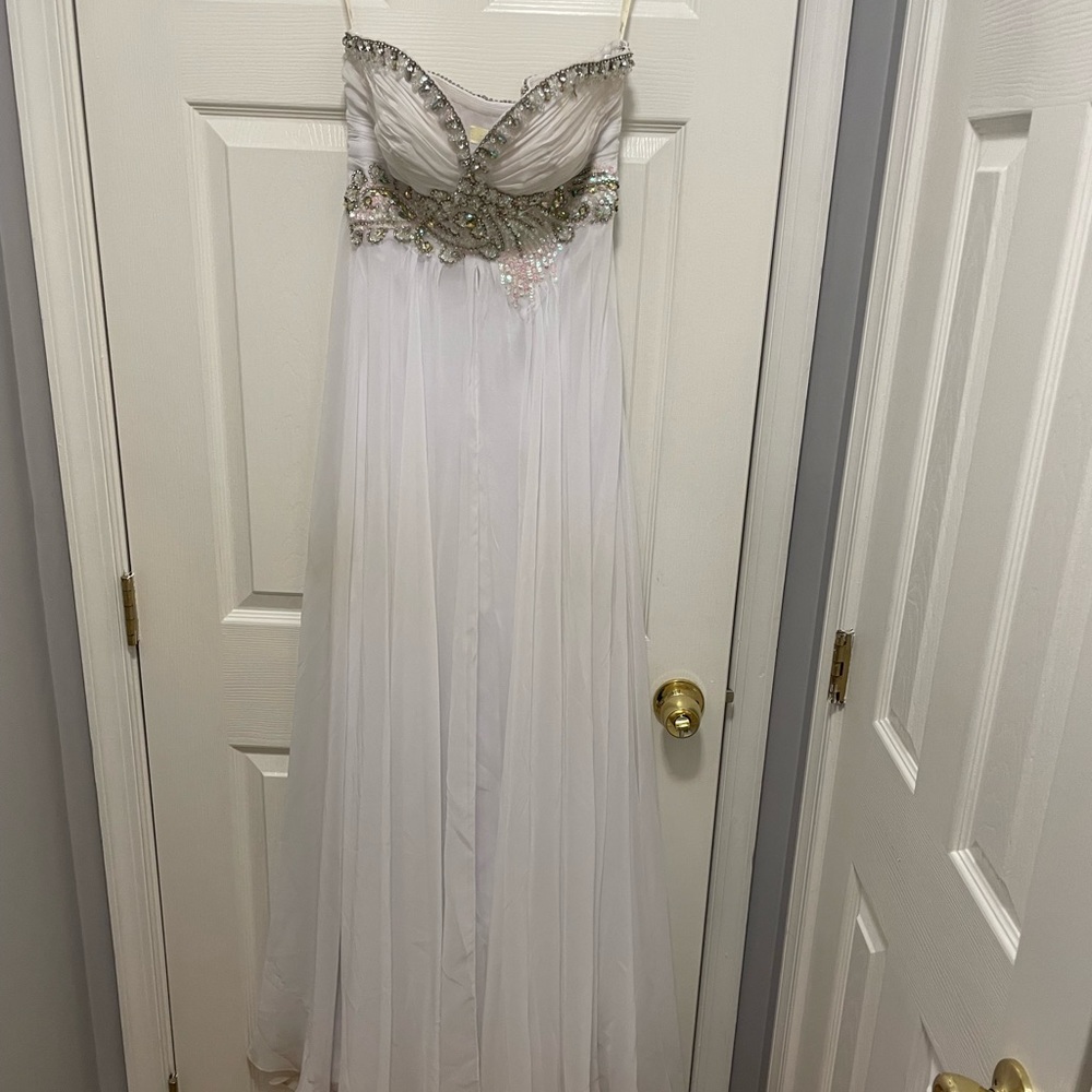 Strapless white prom dress with gold embellishments!